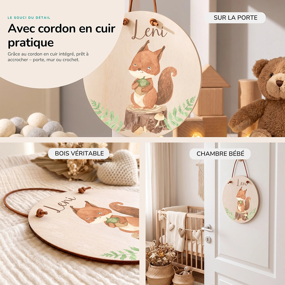 Plaque de porte personnalisée, motif Écureuil et gland — Cordon en cuir et bois véritable | Kidsmood