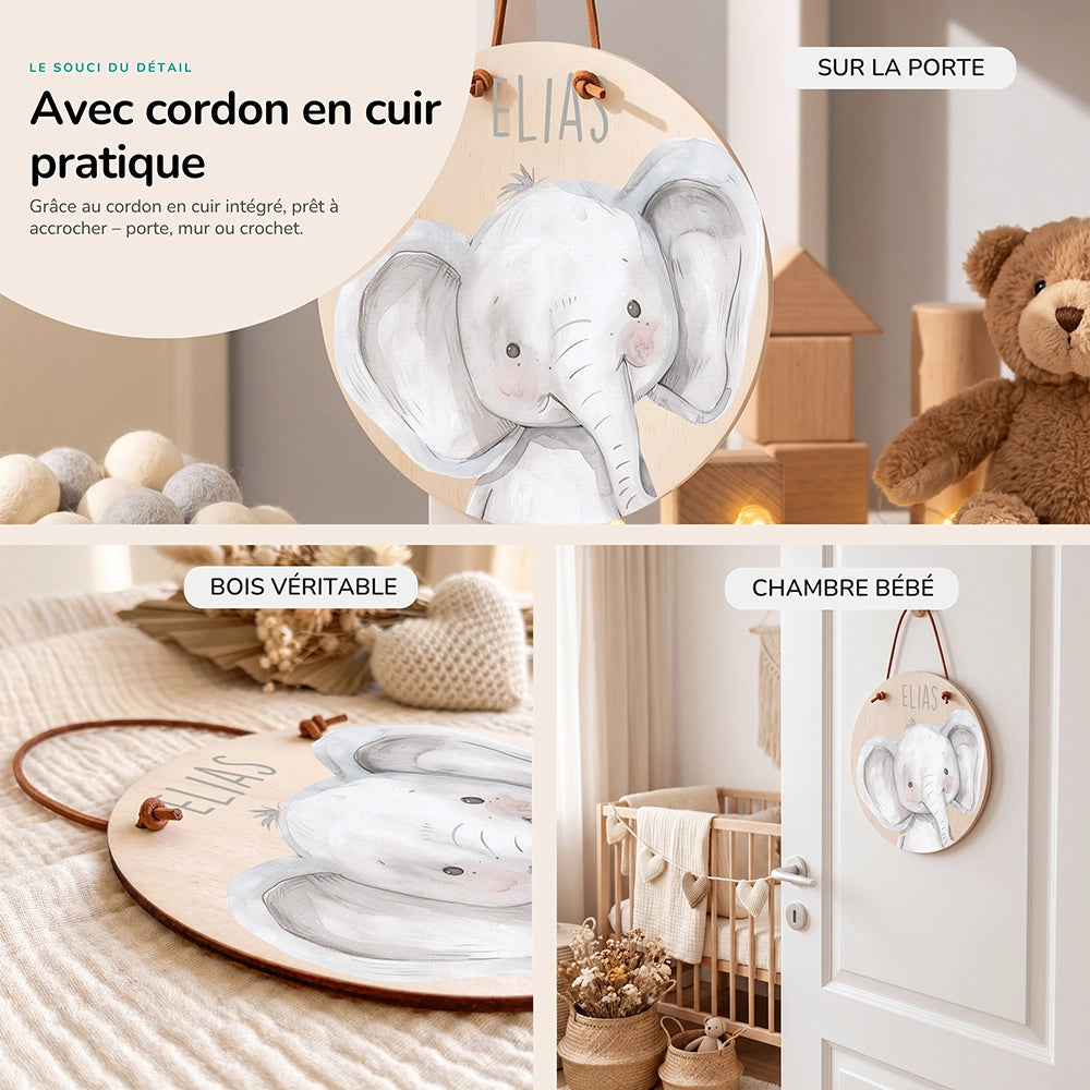 Plaque de porte personnalisée, motif Éléphant câlin — Cordon en cuir et bois véritable | Kidsmood