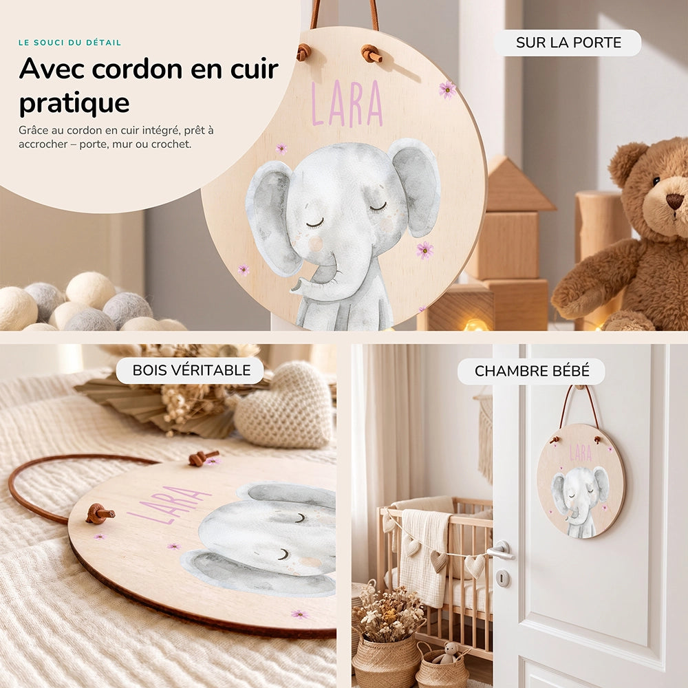 Plaque de porte personnalisée, motif Éléphant et fleurs — Cordon en cuir et bois véritable | Kidsmood