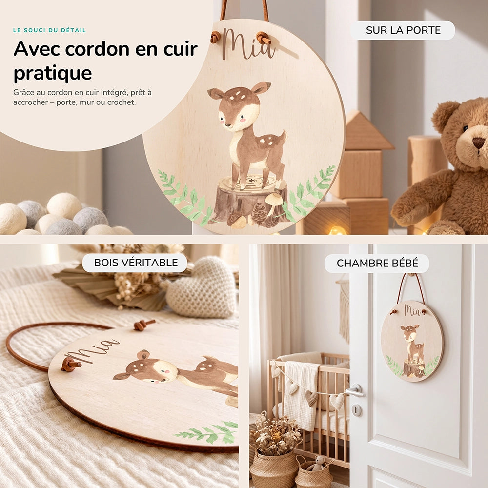Plaque de porte personnalisée, motif Faon des bois — Cordon en cuir et bois véritable | Kidsmood
