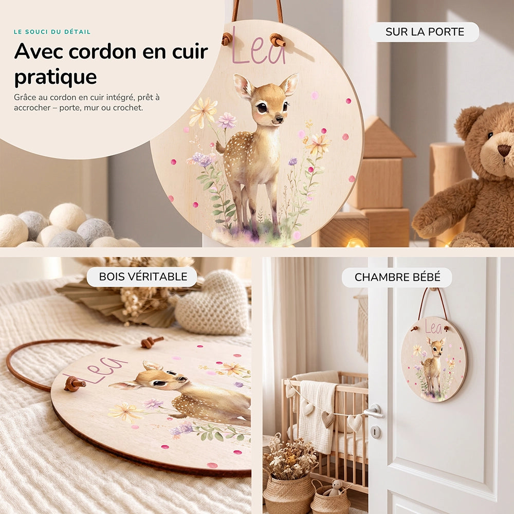 Plaque de porte personnalisée, motif Faon des prés — Cordon en cuir et bois véritable | Kidsmood
