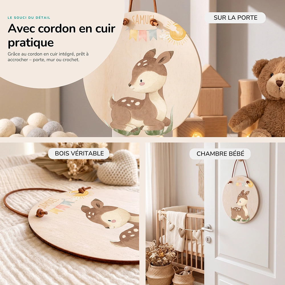 Plaque de porte personnalisée, motif Faon et fanions — Cordon en cuir et bois véritable | Kidsmood