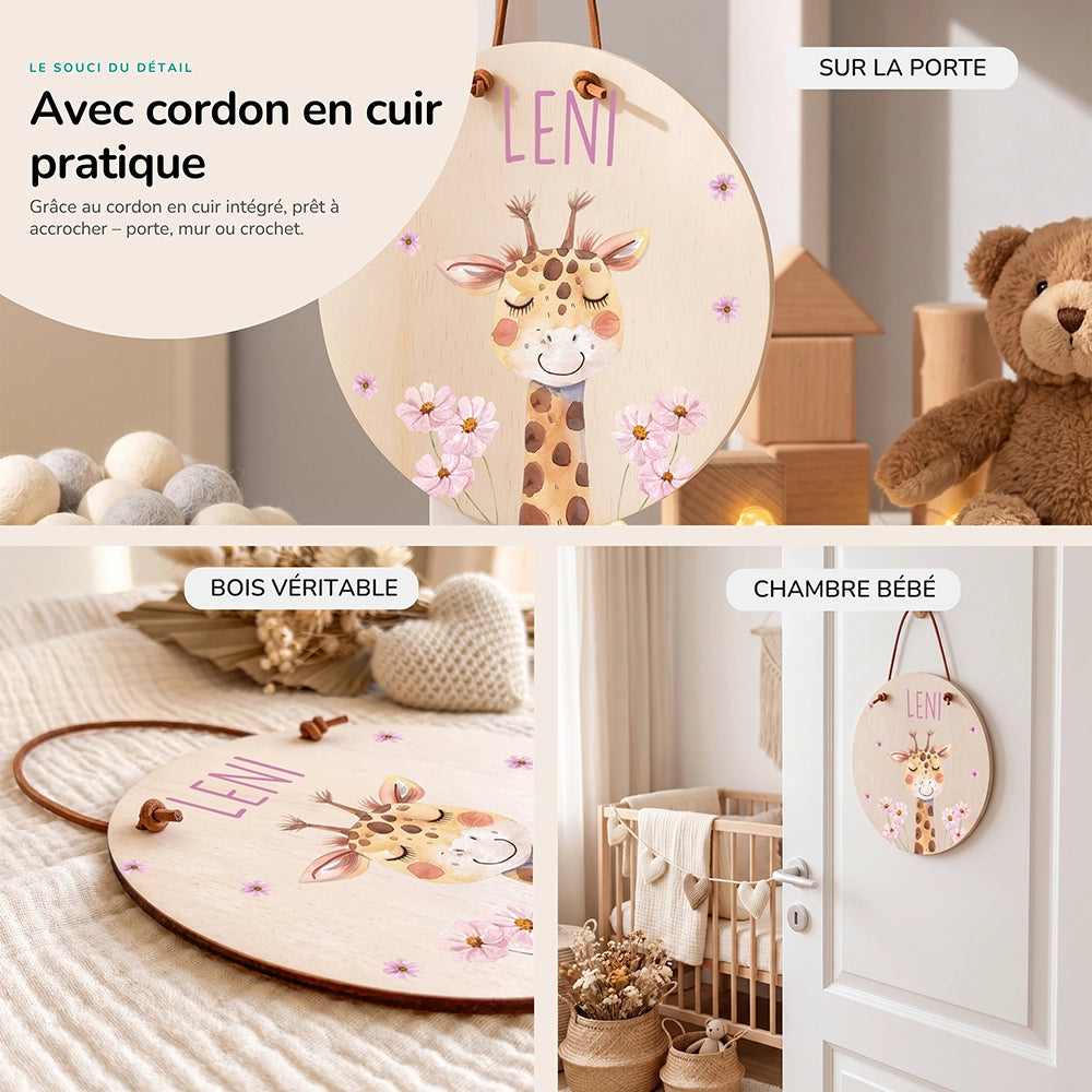 Plaque de porte personnalisée, motif Girafe fleurie — Cordon en cuir et bois véritable | Kidsmood