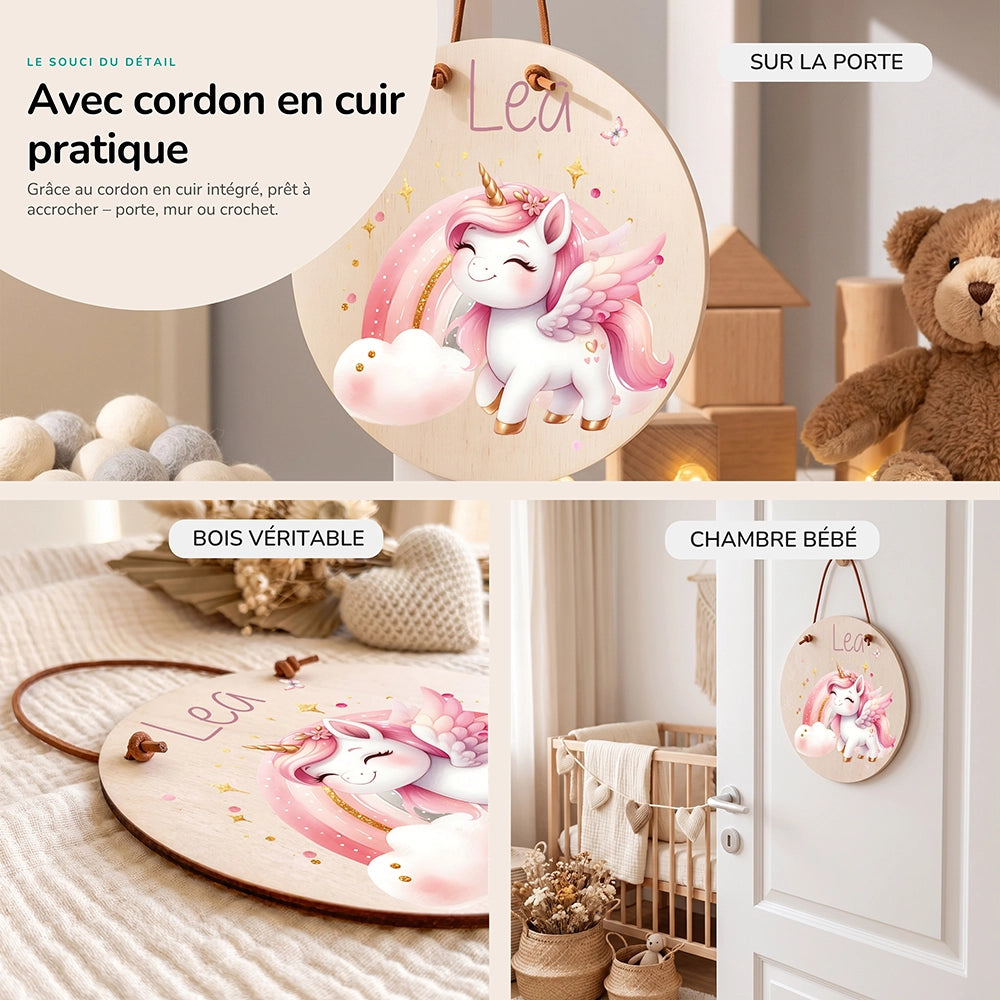 Plaque de porte personnalisée, motif Licorne arc-en-ciel — Cordon en cuir et bois véritable | Kidsmood