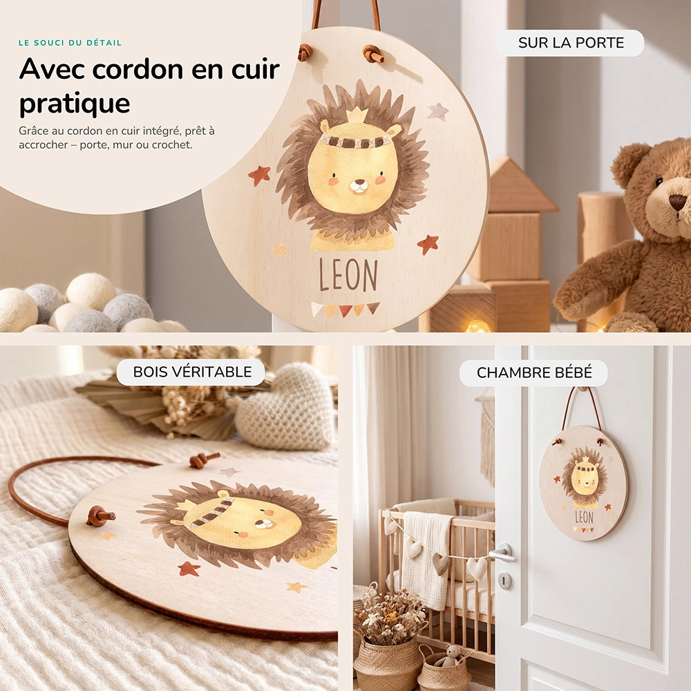 Plaque de porte personnalisée, motif Lion couronné — Cordon en cuir et bois véritable | Kidsmood