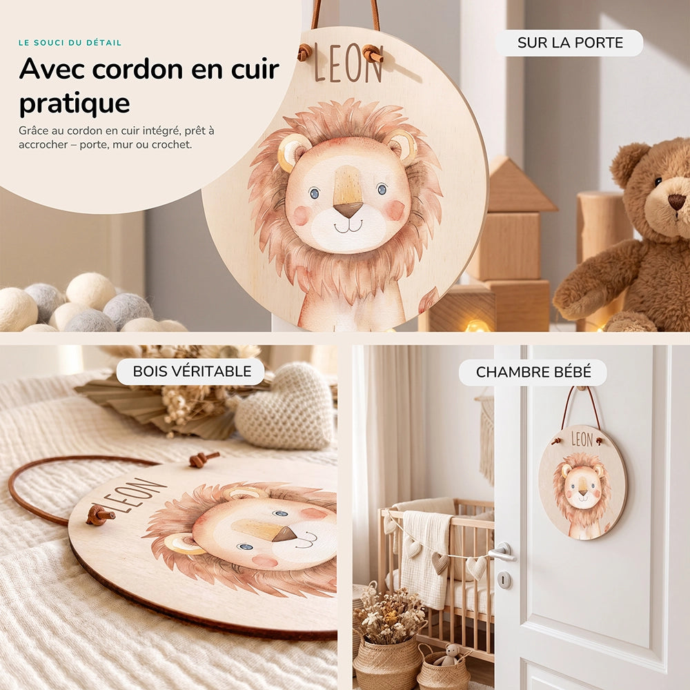 Plaque de porte personnalisée, motif Lion — Cordon en cuir et bois véritable | Kidsmood