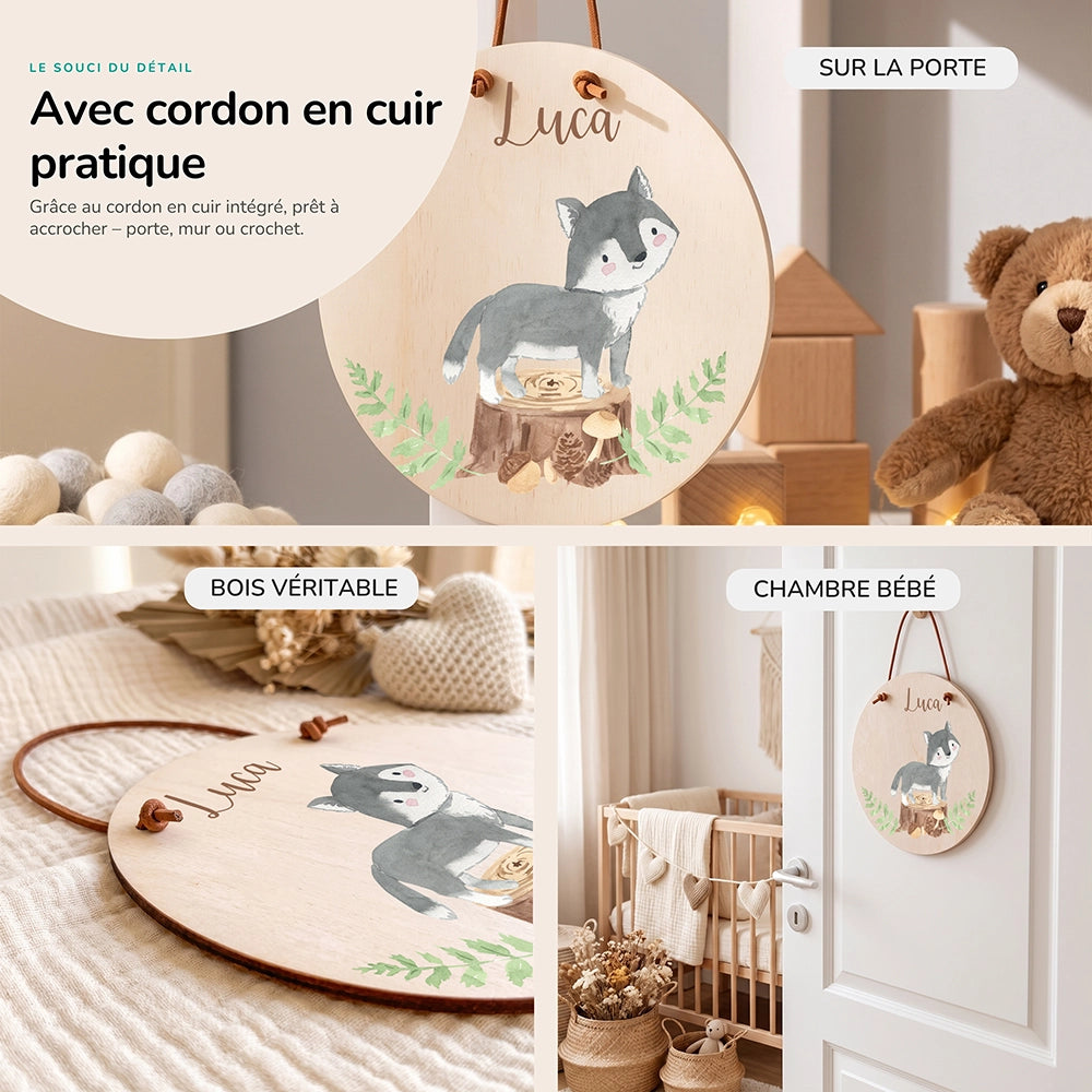 Plaque de porte personnalisée, motif Loup des bois — Cordon en cuir et bois véritable | Kidsmood