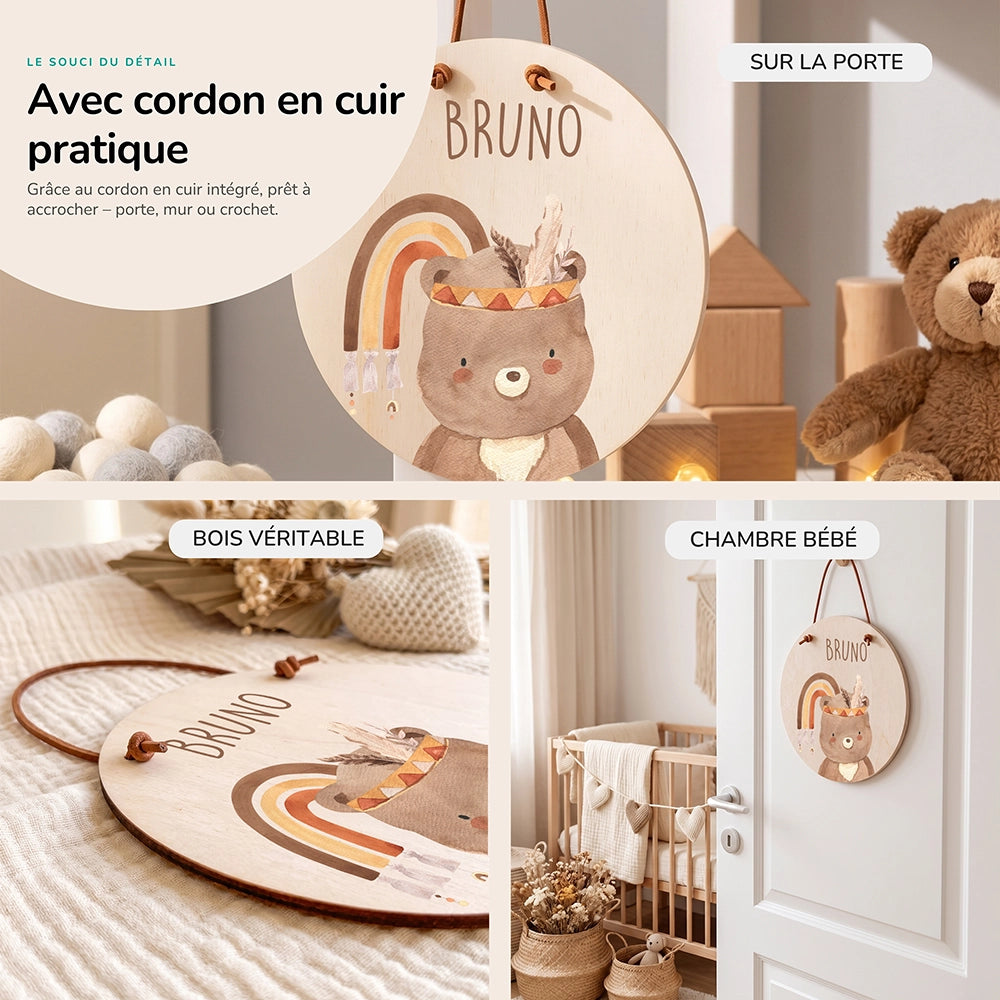 Plaque de porte personnalisée, motif Ours bohème — Cordon en cuir et bois véritable | Kidsmood