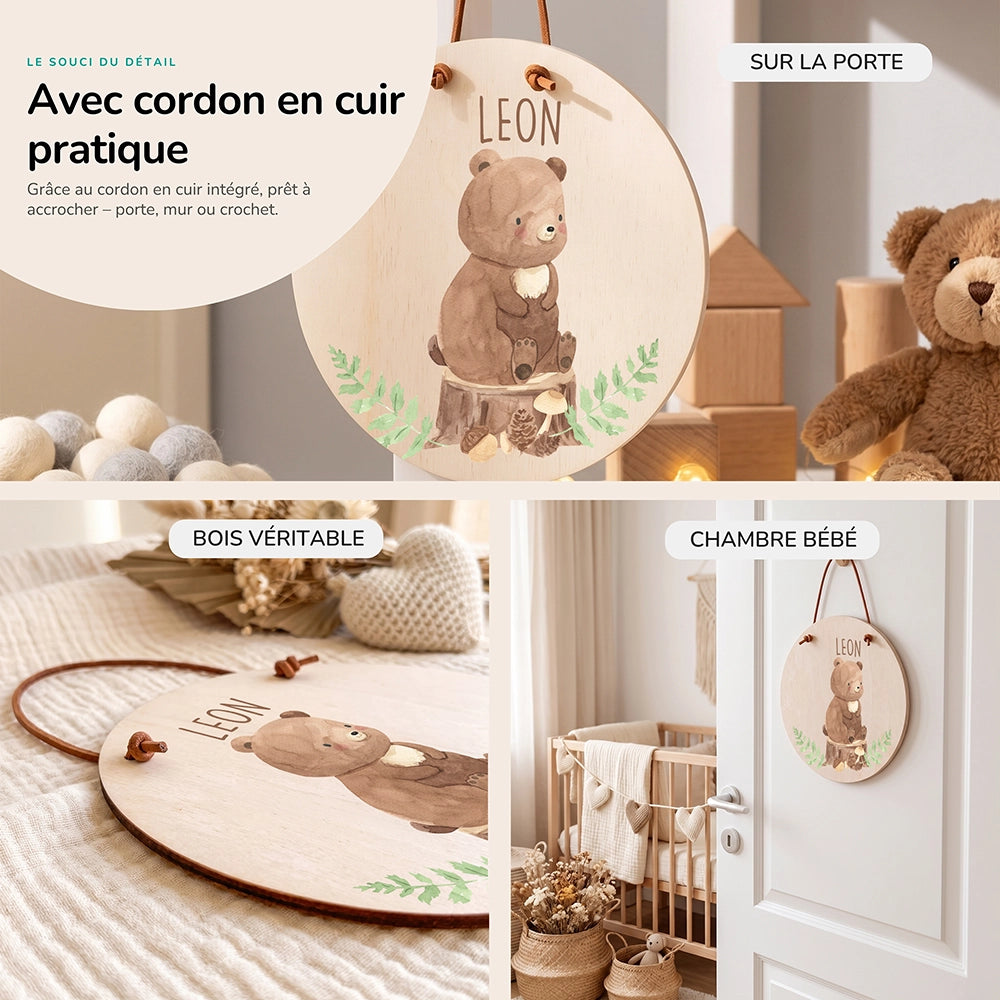 Plaque de porte personnalisée, motif Ours des bois — Cordon en cuir et bois véritable | Kidsmood