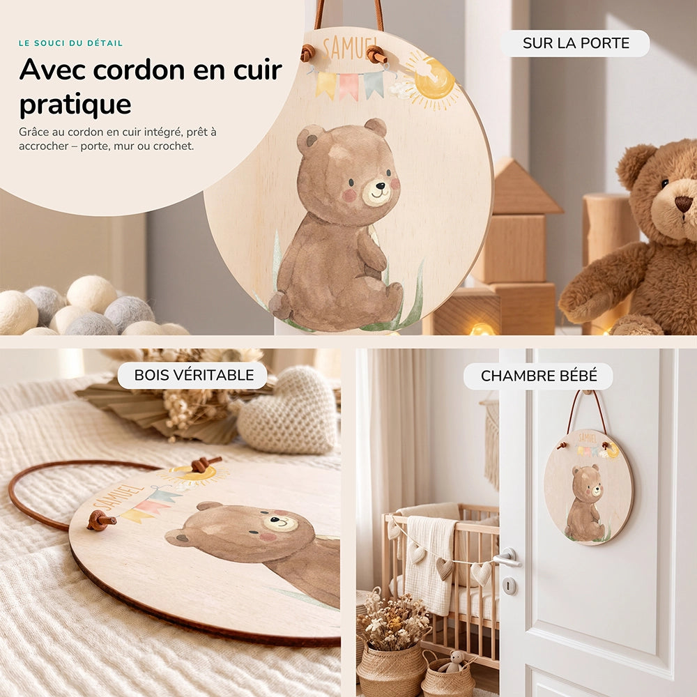 Plaque de porte personnalisée, motif Ourson et fanions — Cordon en cuir et bois véritable | Kidsmood