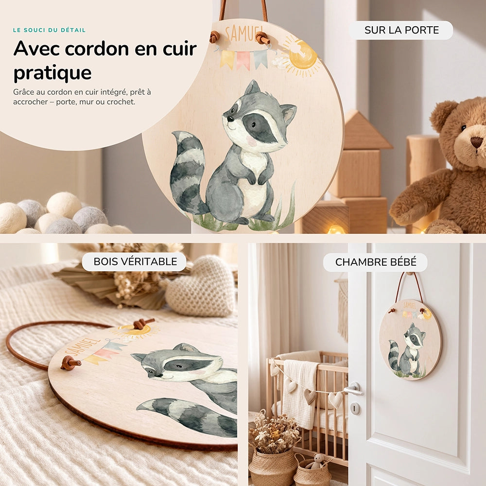 Plaque de porte personnalisée, motif Raton et fanions — Cordon en cuir et bois véritable | Kidsmood