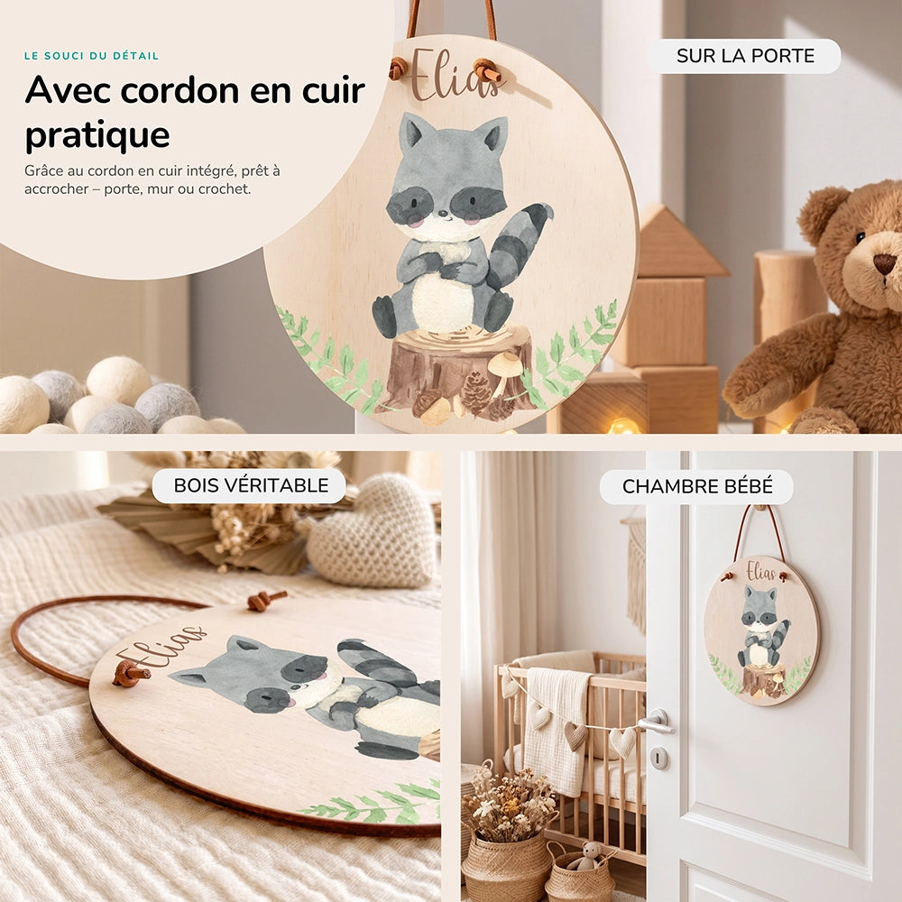 Plaque de porte personnalisée, motif Raton laveur — Cordon en cuir et bois véritable | Kidsmood