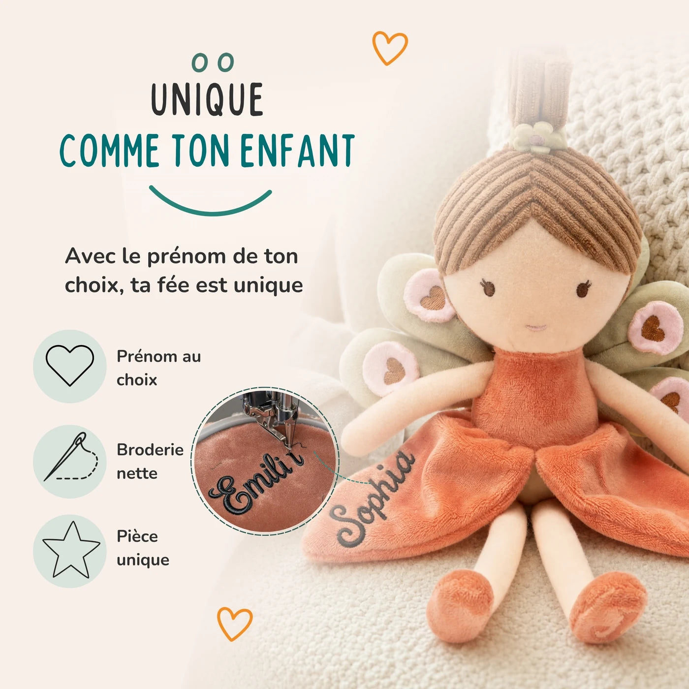 Prénom brodé au choix sur la robe de la fée, coloris Corail — Kidsmood
