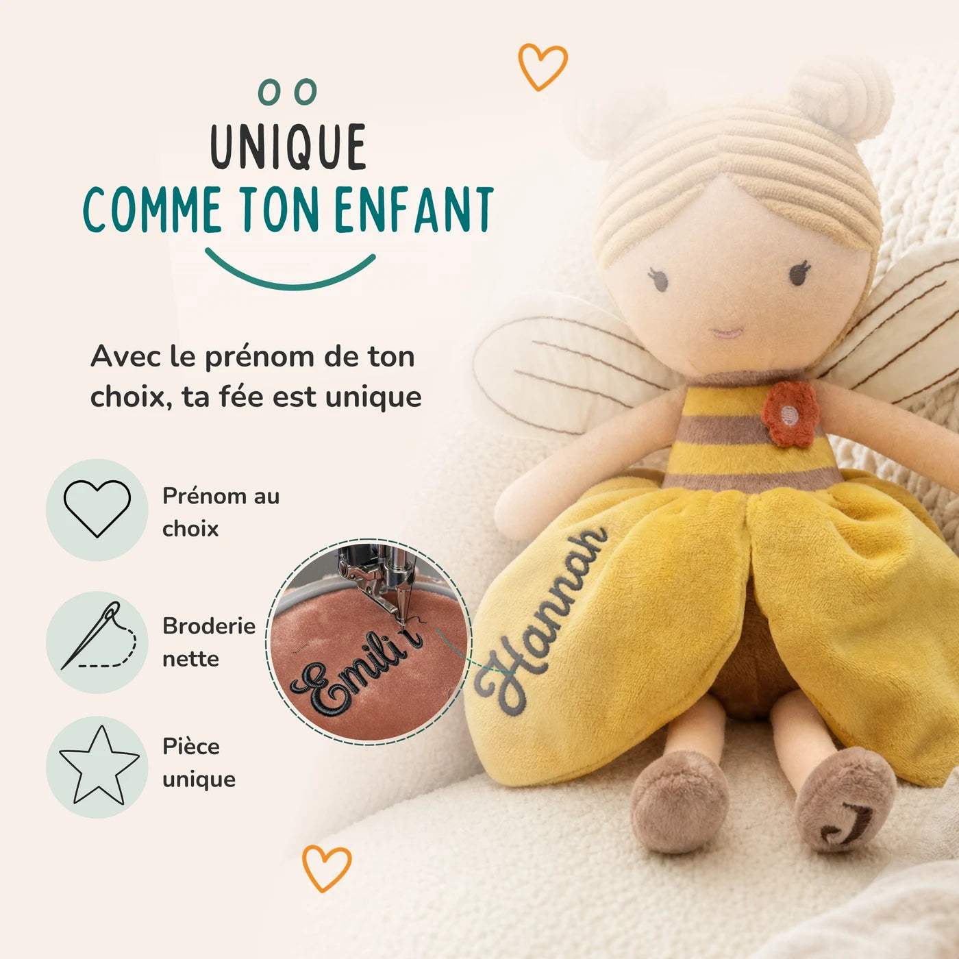 Prénom brodé au choix sur la robe de la fée, coloris Miel — Kidsmood