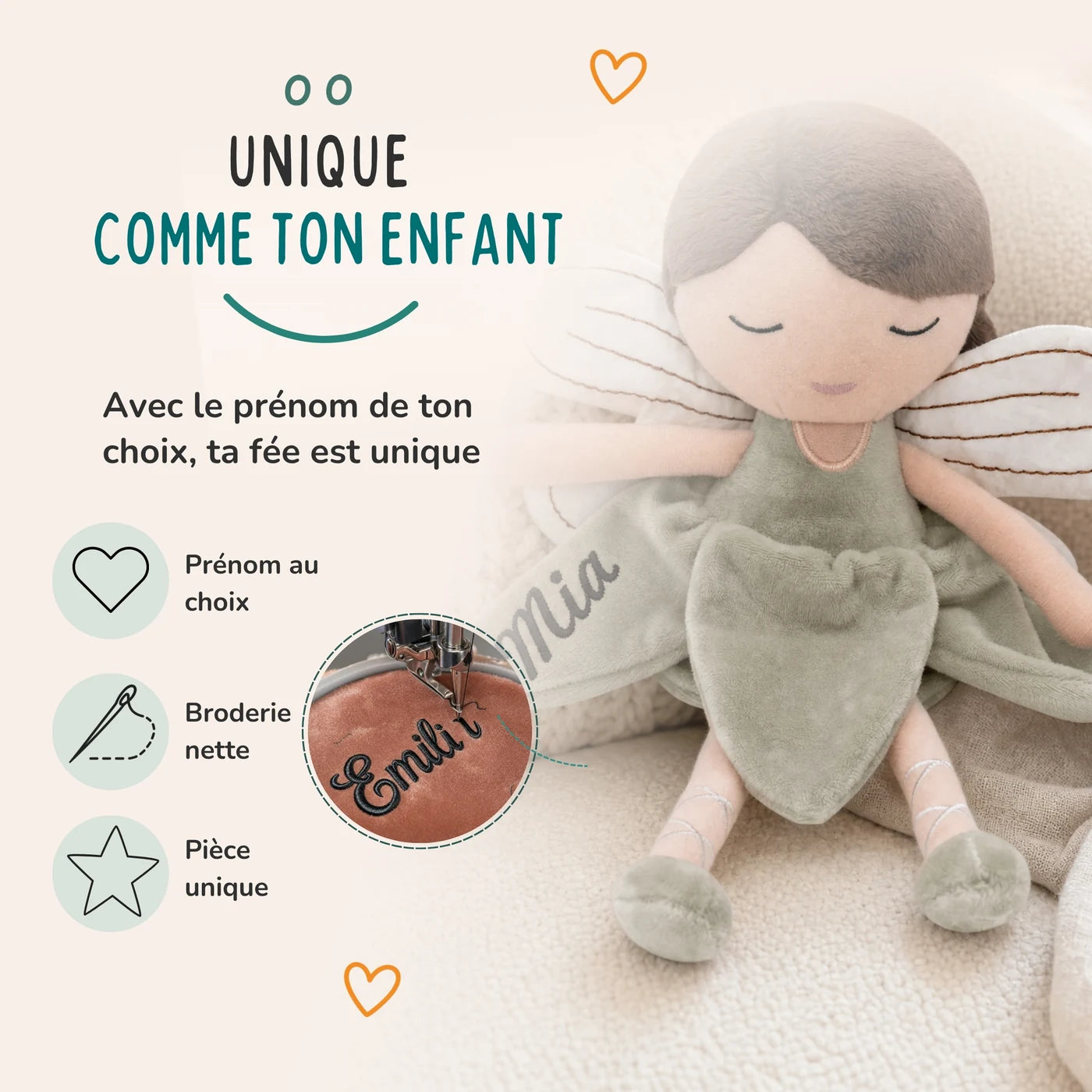 Prénom brodé au choix sur la robe de la fée, coloris Sauge — Kidsmood