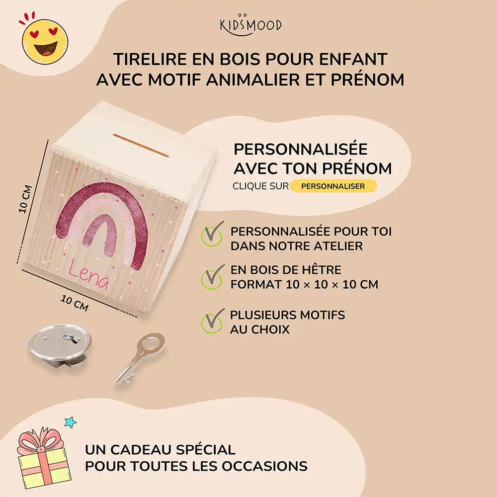 Tirelire enfant personnalisée 10 × 10 × 10 cm en bois, motif arc-en-ciel — Kidsmood