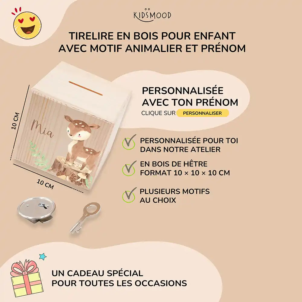 Tirelire enfant personnalisée 10 × 10 × 10 cm en bois, motif biche et faon — Kidsmood
