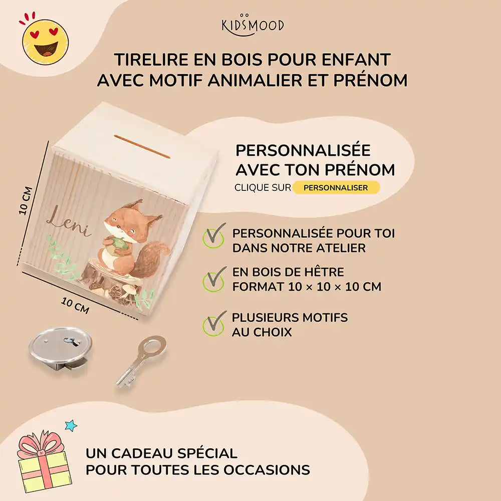 Tirelire enfant personnalisée 10 × 10 × 10 cm en bois, motif écureuil — Kidsmood