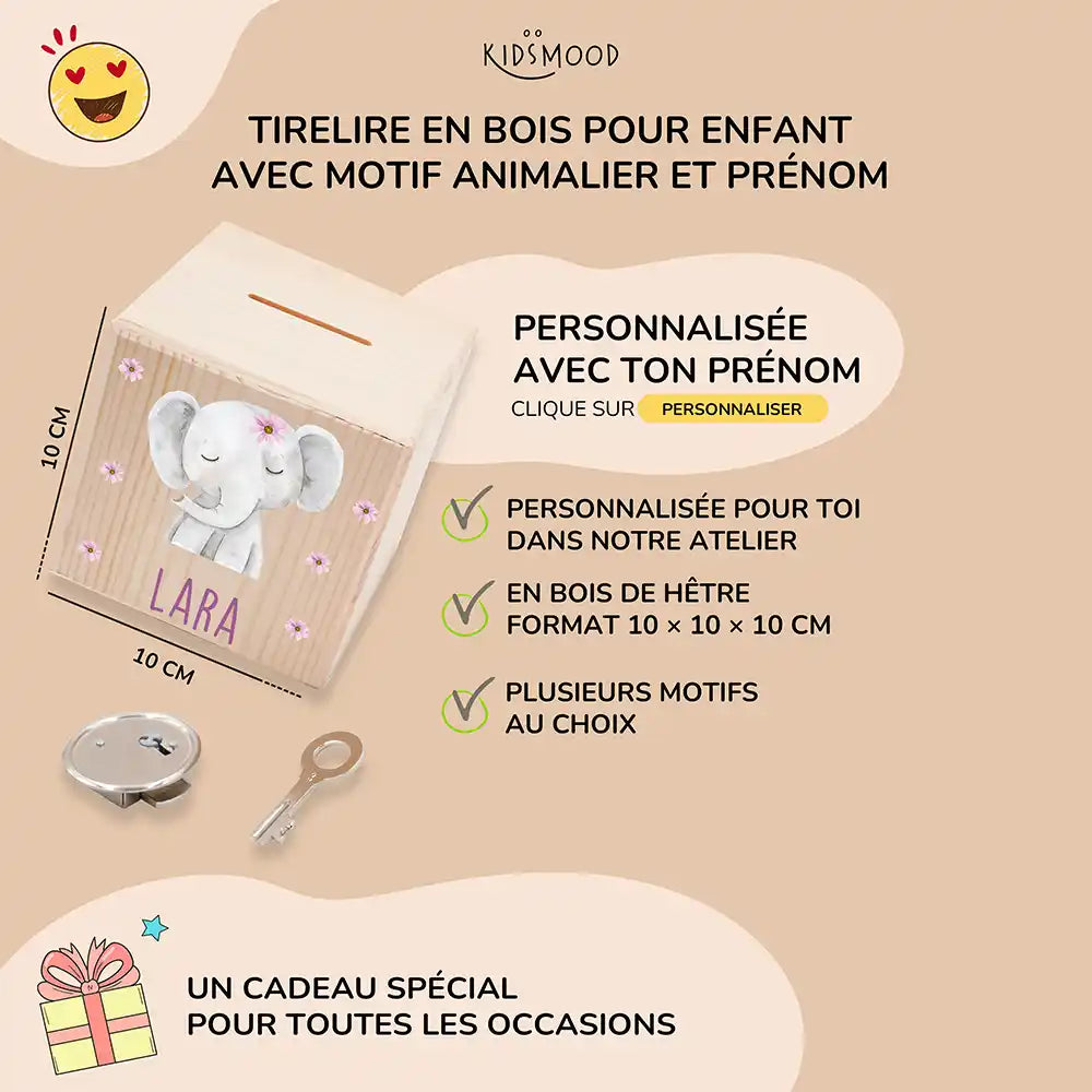 Tirelire enfant personnalisée 10 × 10 × 10 cm en bois, motif éléphant fleuri — Kidsmood