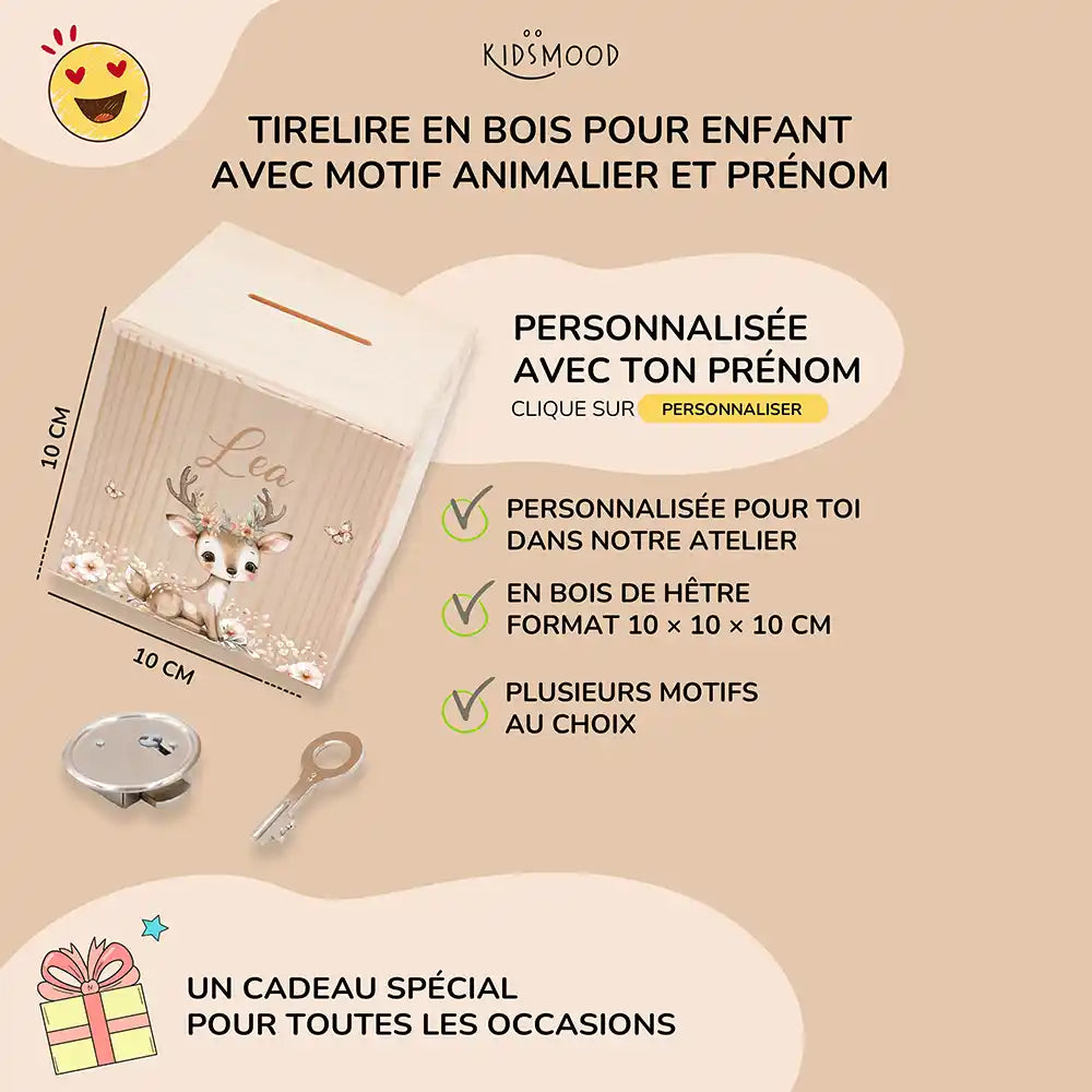 Tirelire enfant personnalisée 10 × 10 × 10 cm en bois, motif faon et papillons — Kidsmood
