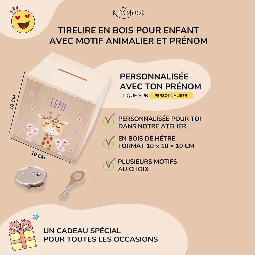 Tirelire enfant personnalisée 10 × 10 × 10 cm en bois, motif girafe — Kidsmood