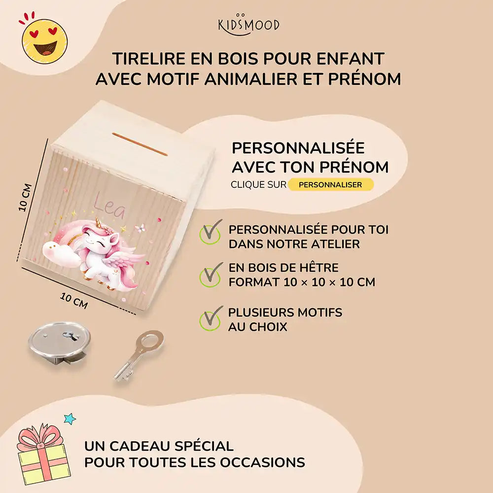 Tirelire enfant personnalisée 10 × 10 × 10 cm en bois, motif licorne — Kidsmood