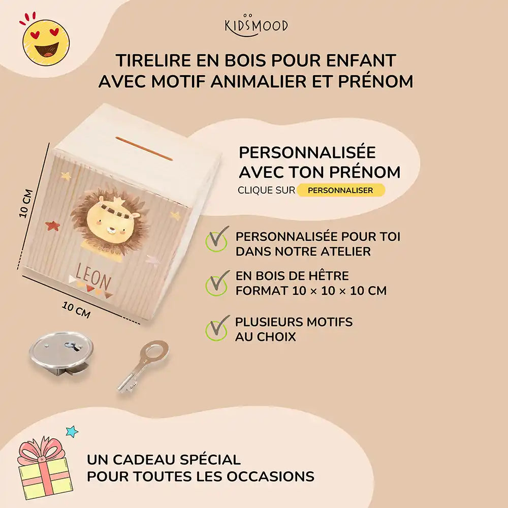 Tirelire enfant personnalisée 10 × 10 × 10 cm en bois, motif lion couronné — Kidsmood