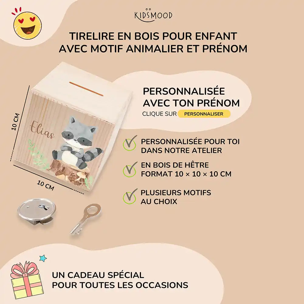 Tirelire enfant personnalisée 10 × 10 × 10 cm en bois, motif raton laveur — Kidsmood