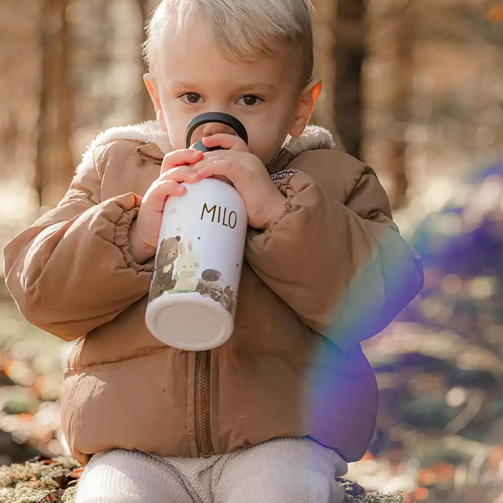Gourde enfant avec paille pratique pour l'école, motif Animaux de la forêt — Kidsmood