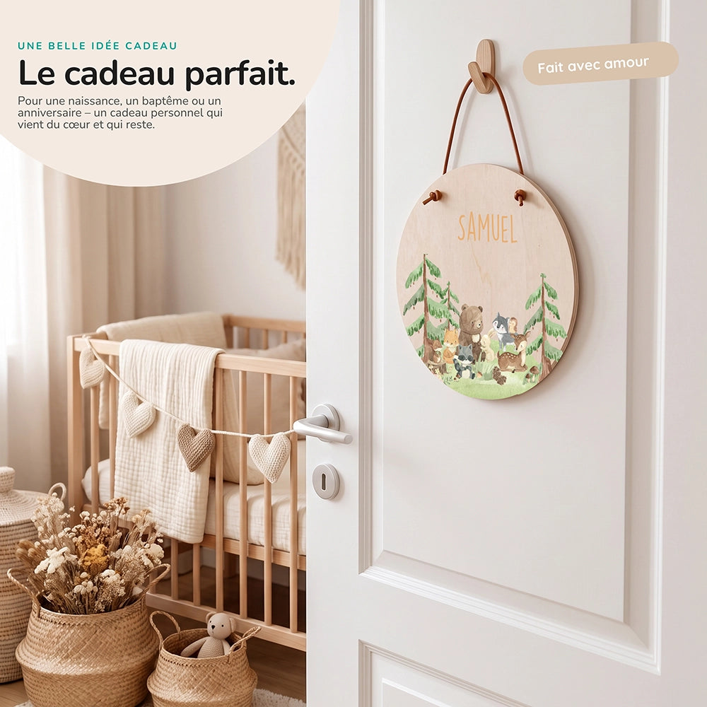 Plaque de porte personnalisée, motif Amis de la forêt — Idée cadeau de naissance | Kidsmood