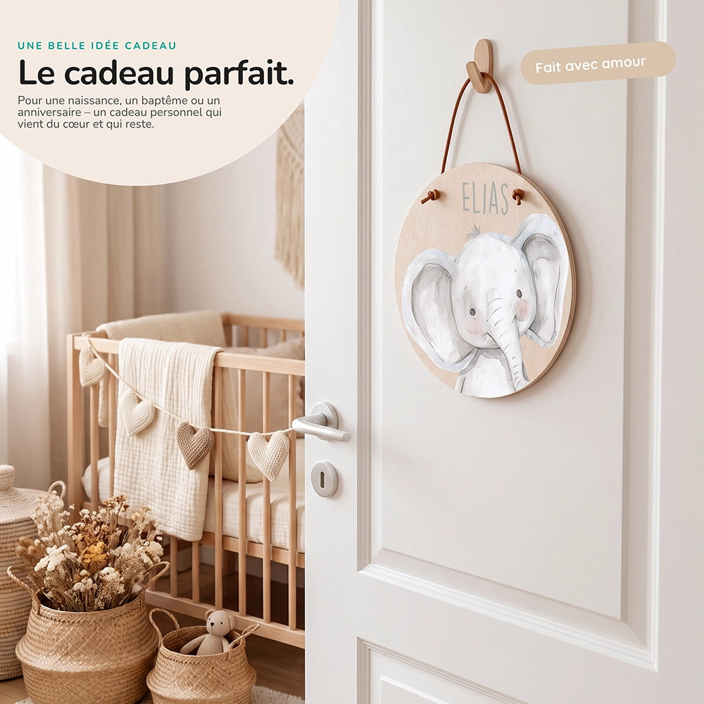 Plaque de porte personnalisée, motif Éléphant câlin — Idée cadeau de naissance | Kidsmood