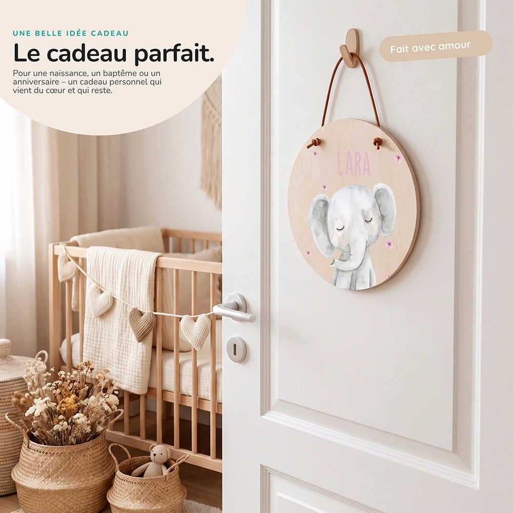 Plaque de porte personnalisée, motif Éléphant et fleurs — Idée cadeau de naissance | Kidsmood
