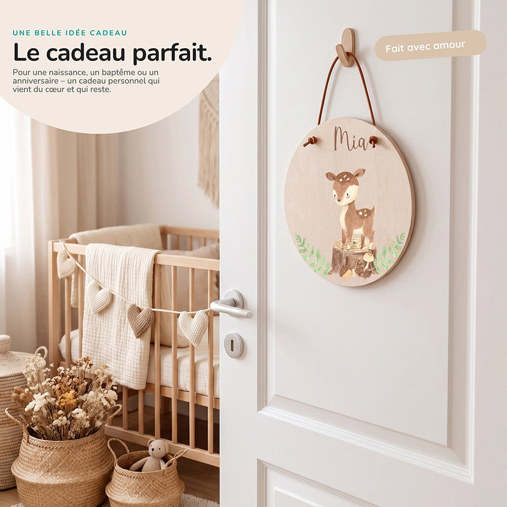 Plaque de porte personnalisée, motif Faon des bois — Idée cadeau de naissance | Kidsmood