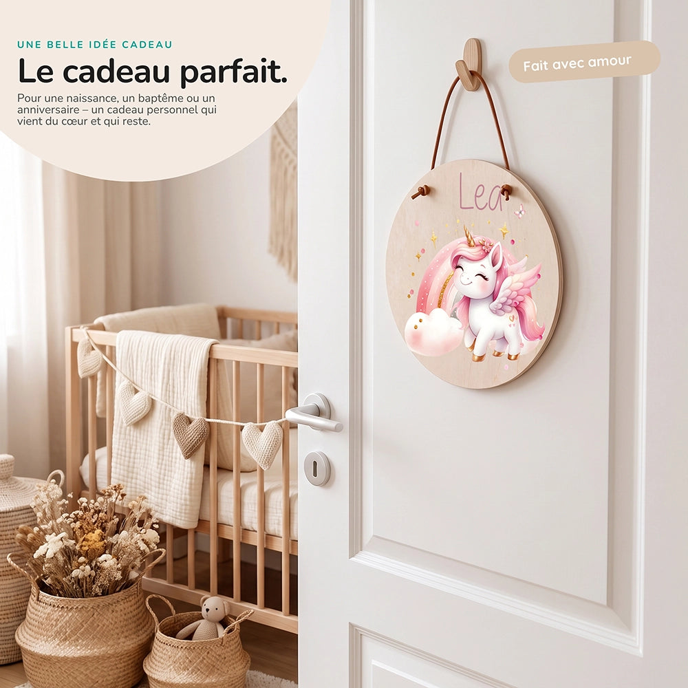 Plaque de porte personnalisée, motif Licorne arc-en-ciel — Idée cadeau de naissance | Kidsmood