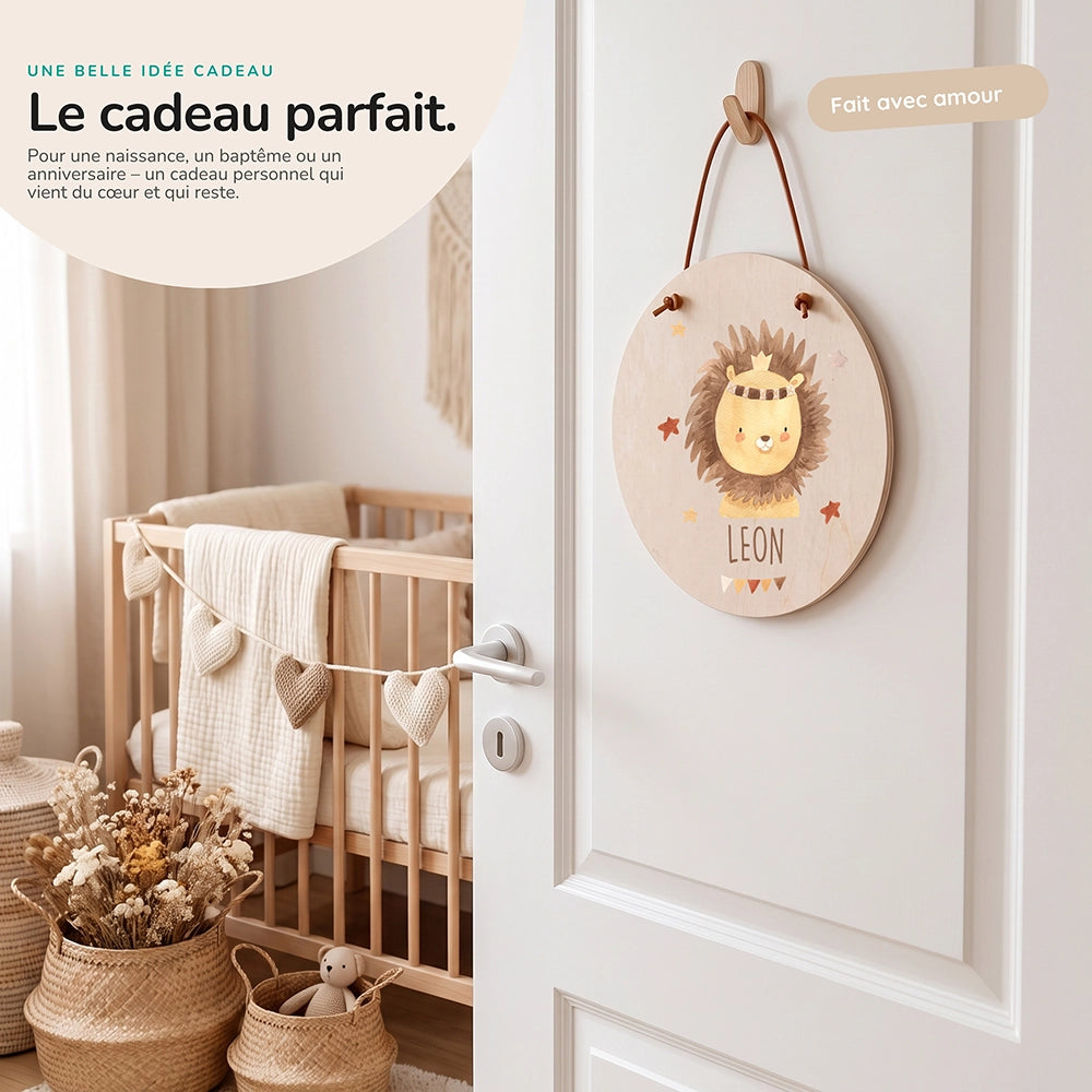 Plaque de porte personnalisée, motif Lion couronné — Idée cadeau de naissance | Kidsmood