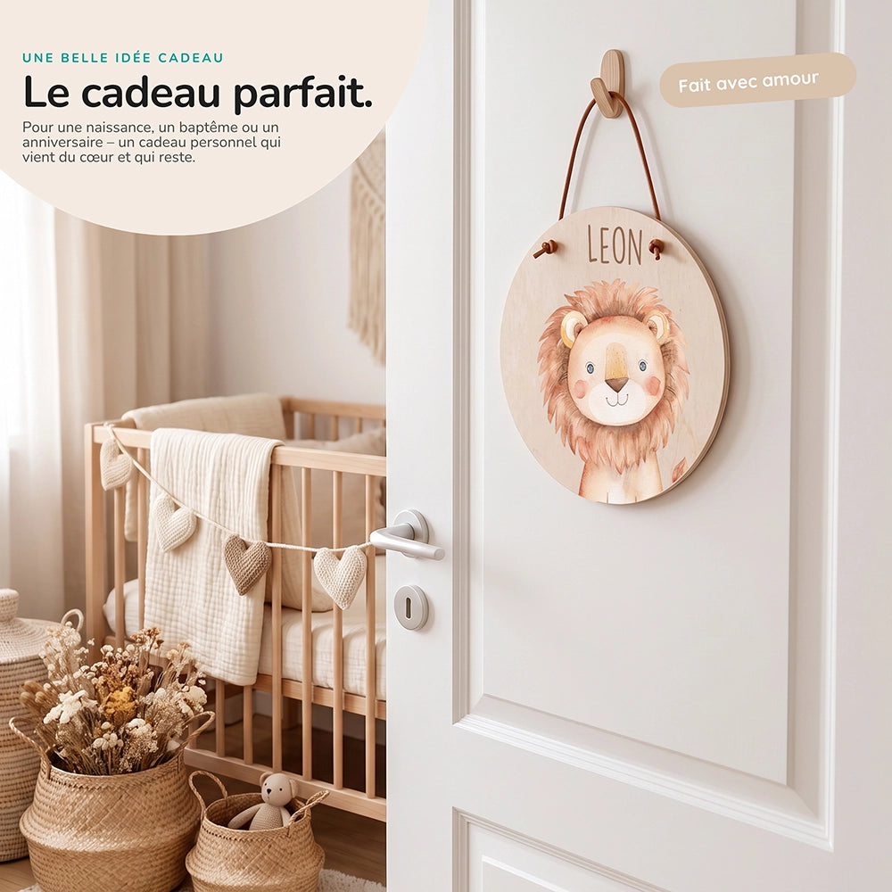 Plaque de porte personnalisée, motif Lion — Idée cadeau de naissance | Kidsmood