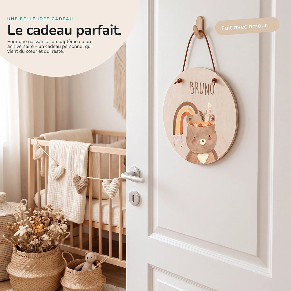 Plaque de porte personnalisée, motif Ours bohème — Idée cadeau de naissance | Kidsmood