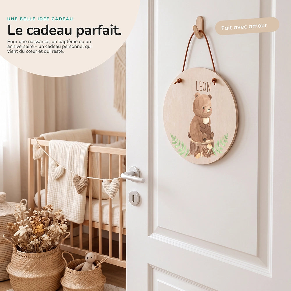 Plaque de porte personnalisée, motif Ours des bois — Idée cadeau de naissance | Kidsmood