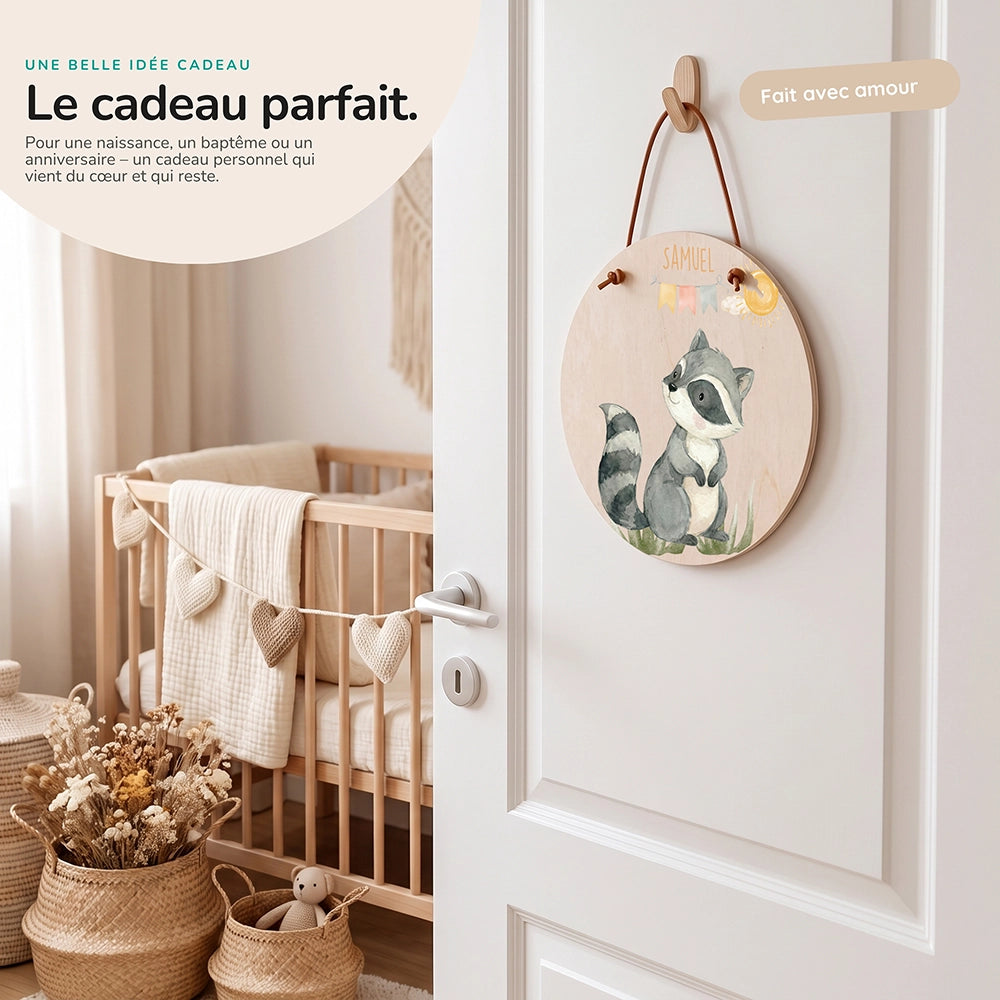 Plaque de porte personnalisée, motif Raton et fanions — Idée cadeau de naissance | Kidsmood