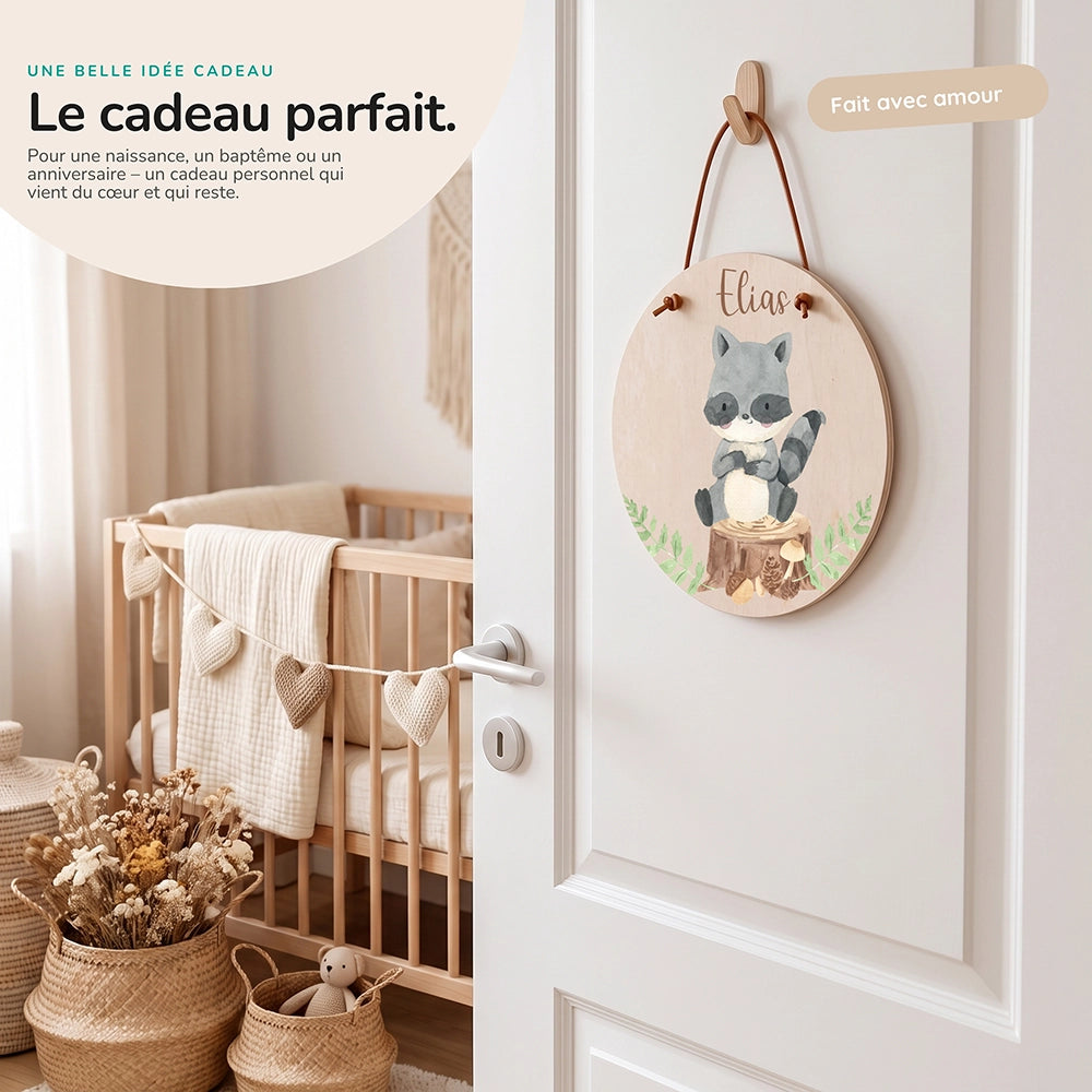 Plaque de porte personnalisée, motif Raton laveur — Idée cadeau de naissance | Kidsmood