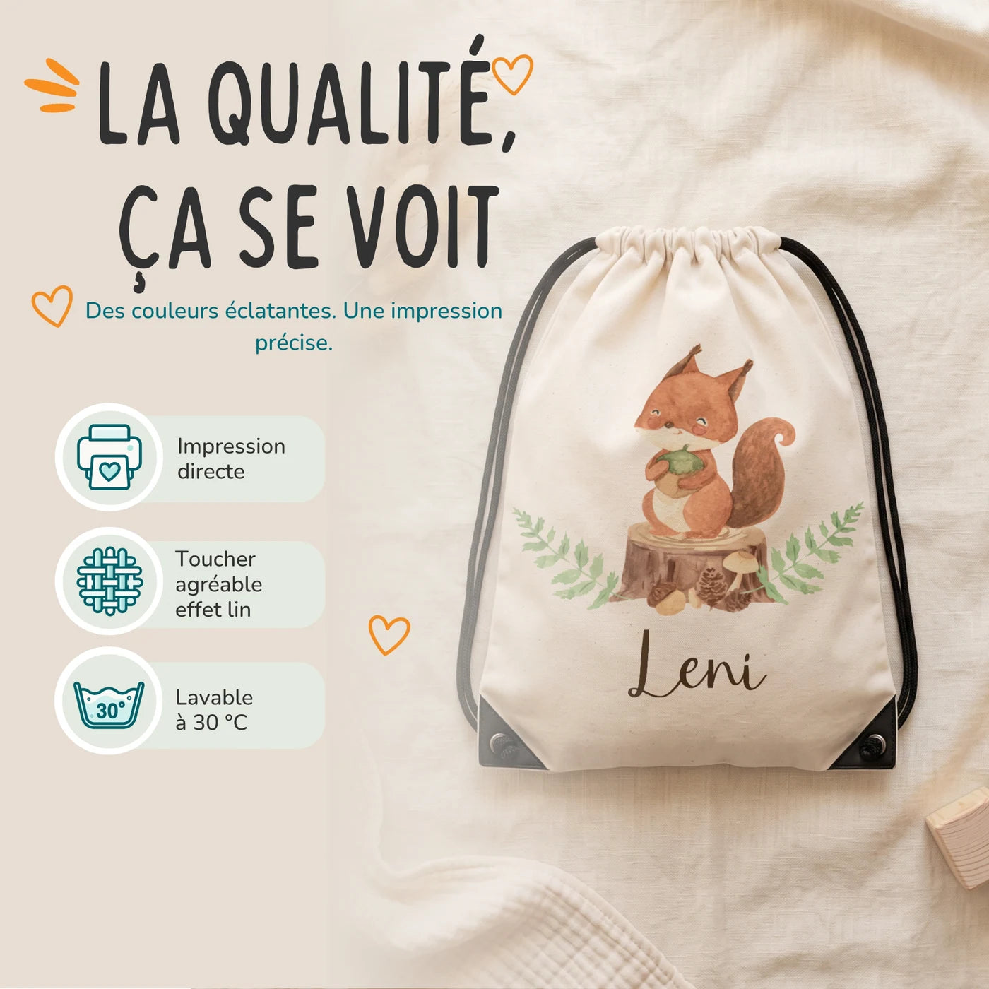 Sac de sport personnalisé, impression directe et lavage à 30 °C, motif écureuil — Kidsmood