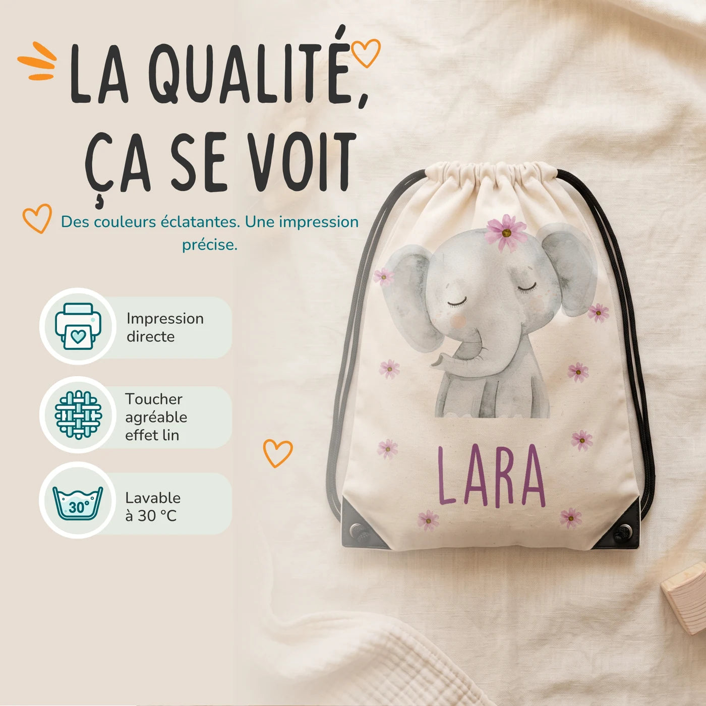 Sac de sport personnalisé, impression directe et lavage à 30 °C, motif éléphant fleuri — Kidsmood