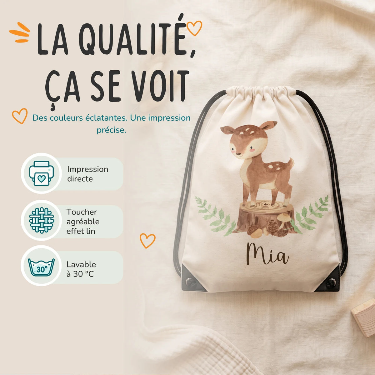 Sac de sport personnalisé, impression directe et lavage à 30 °C, motif faon des bois — Kidsmood
