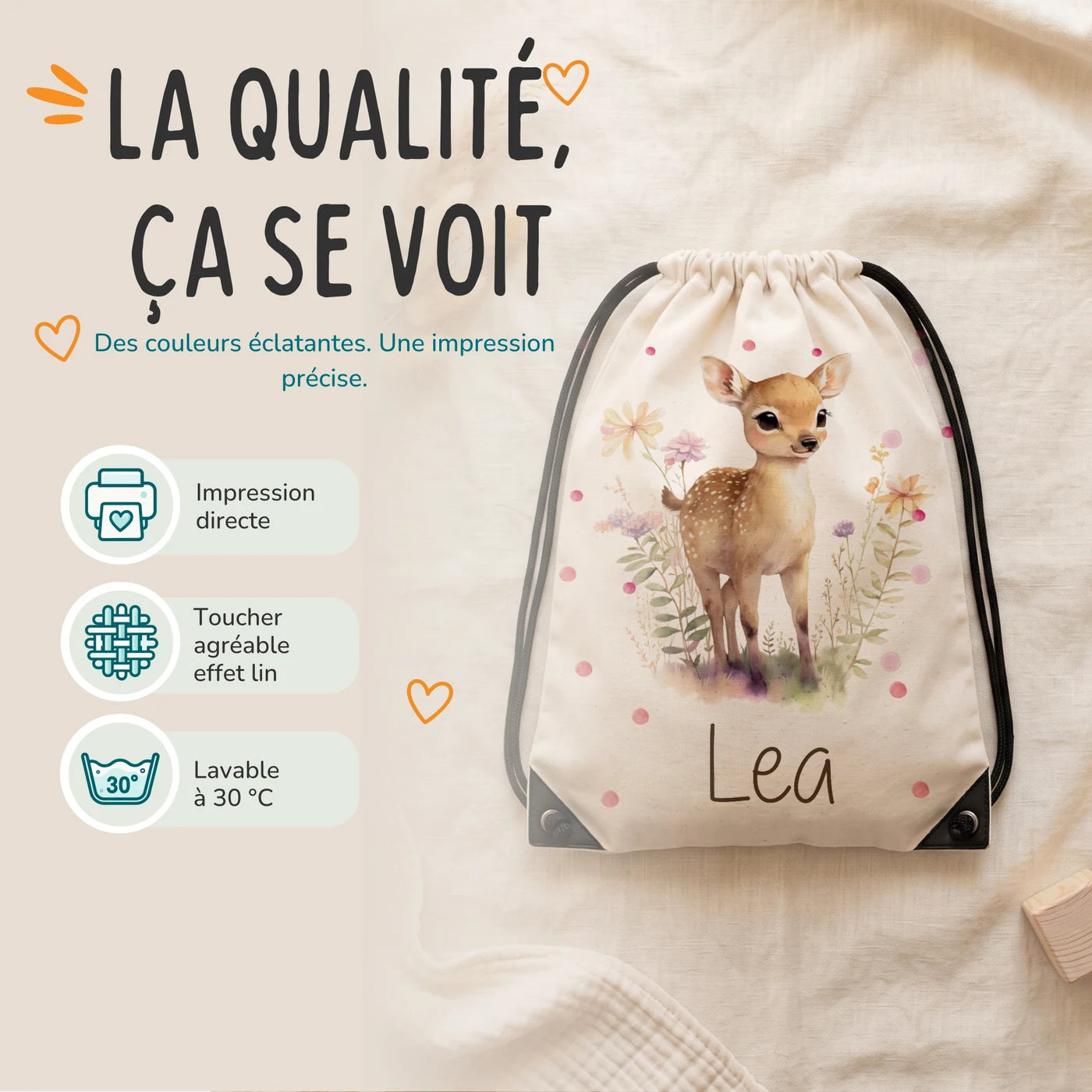 Sac de sport personnalisé, impression directe et lavage à 30 °C, motif faon des prés — Kidsmood