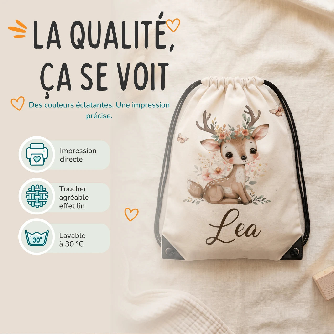 Sac de sport personnalisé, impression directe et lavage à 30 °C, motif faon et papillons — Kidsmood