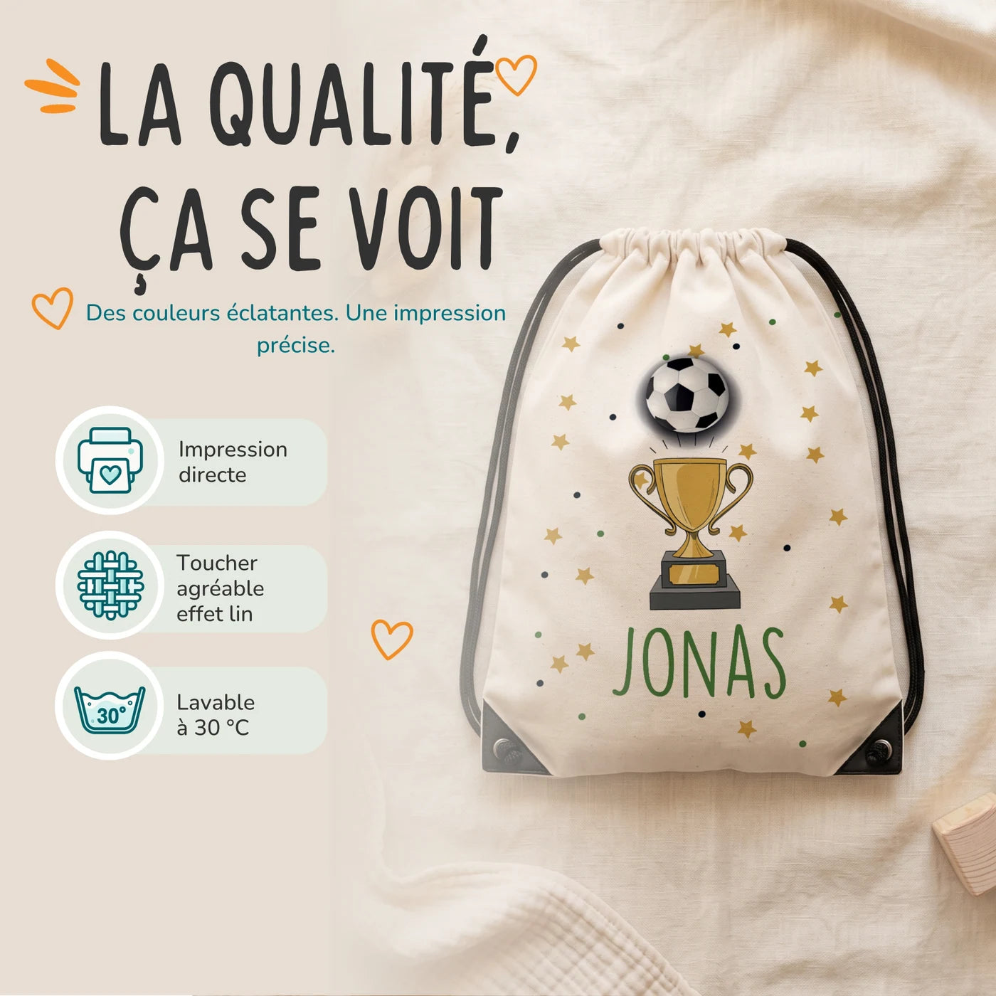 Sac de sport personnalisé, impression directe et lavage à 30 °C, motif football — Kidsmood