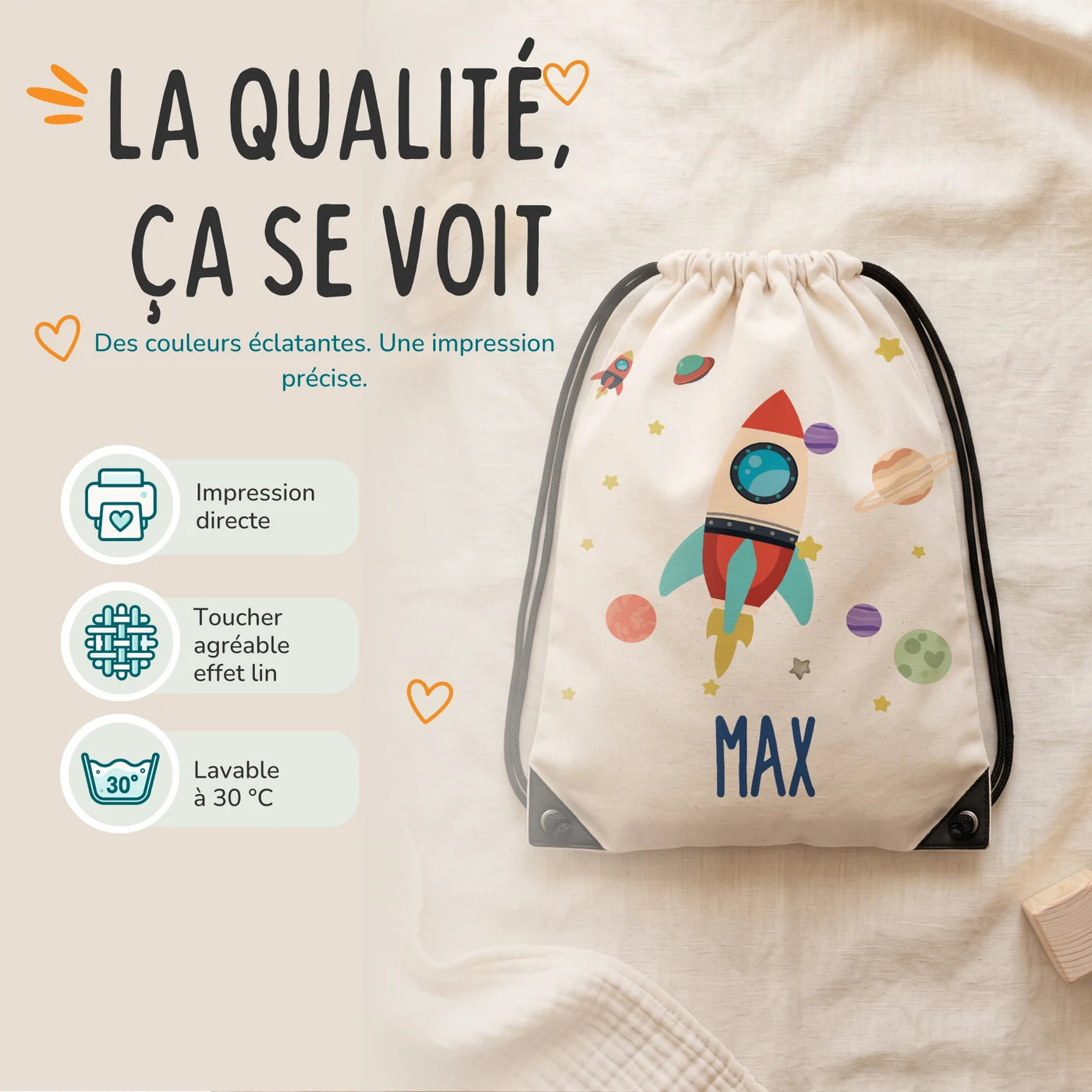 Sac de sport personnalisé, impression directe et lavage à 30 °C, motif fusée spatiale — Kidsmood