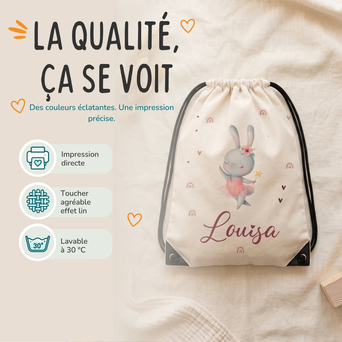 Sac de sport personnalisé, impression directe et lavage à 30 °C, motif lapin ballerine — Kidsmood
