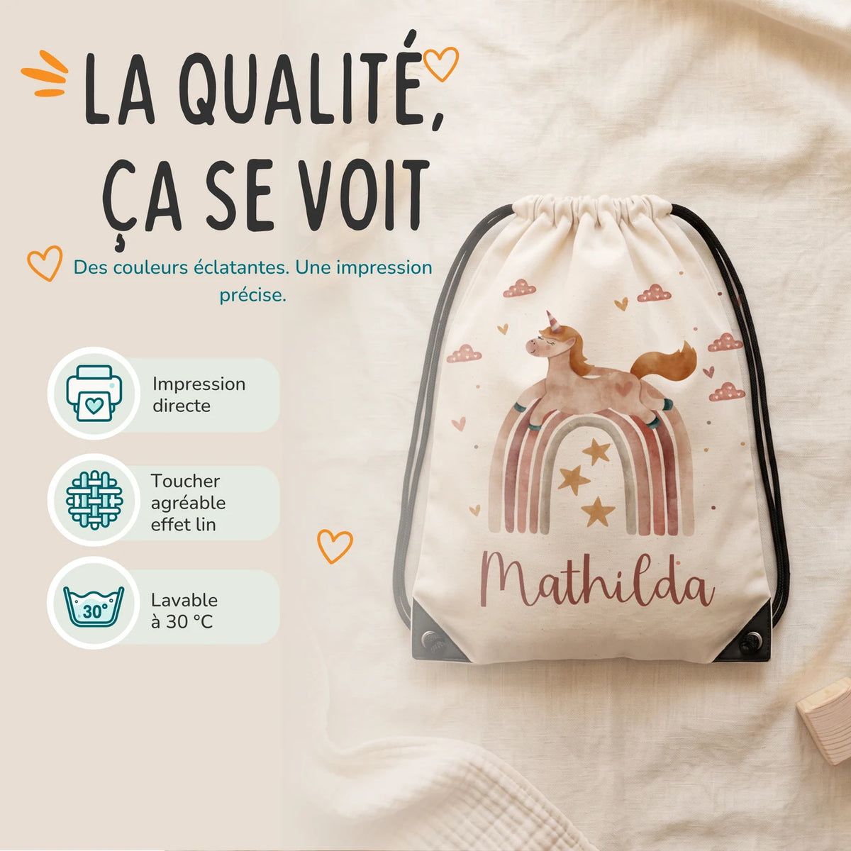 Sac de sport personnalisé, impression directe et lavage à 30 °C, motif licorne arc-en-ciel — Kidsmood