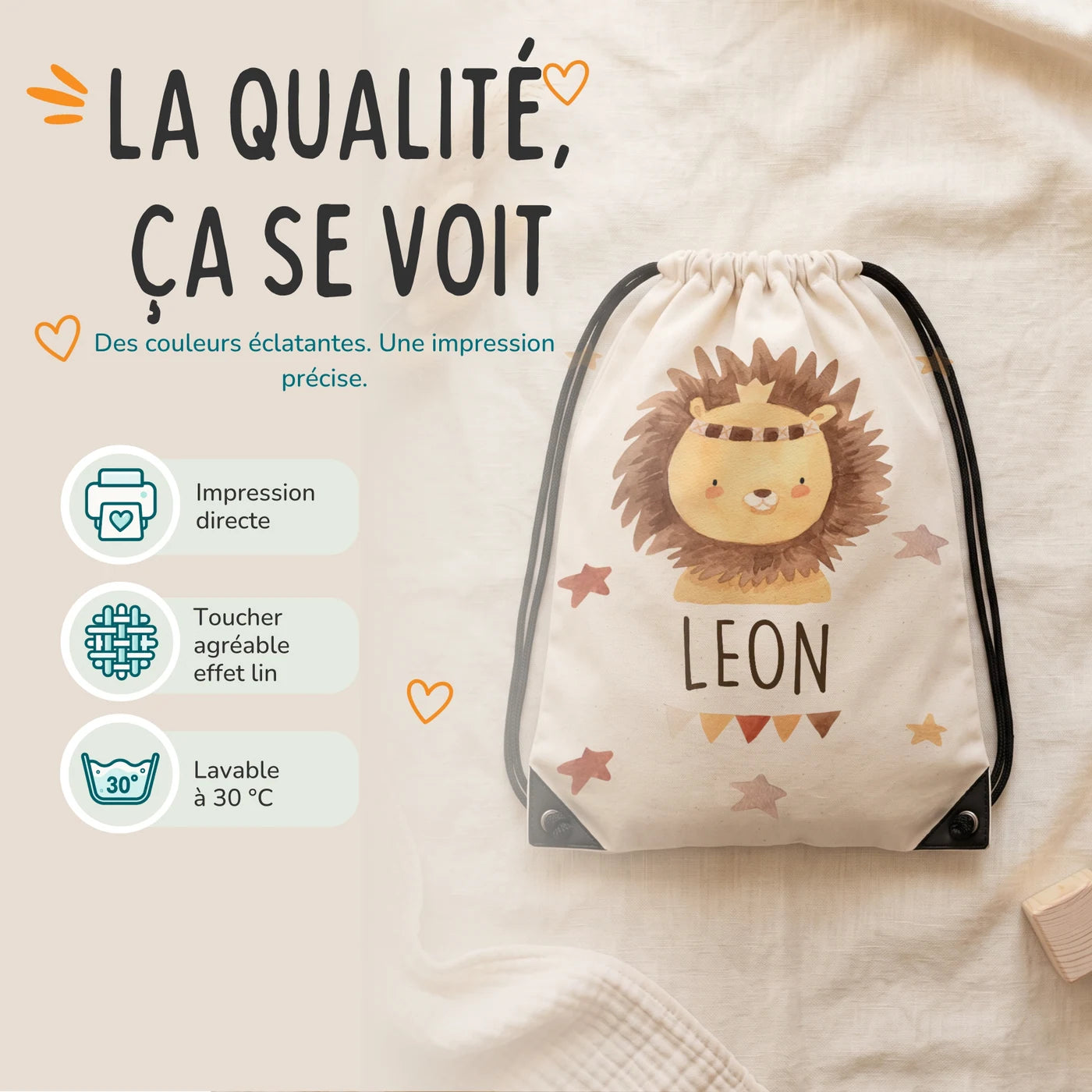 Sac de sport personnalisé, impression directe et lavage à 30 °C, motif lion bohème — Kidsmood